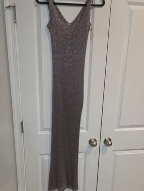 Fashion Nova Metallic Lavender V-Neck Maxi Dress